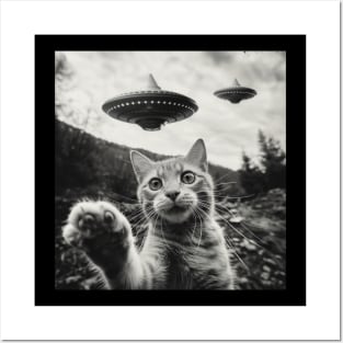 Funny Alien Cat Selfie UFO Encounter Posters and Art